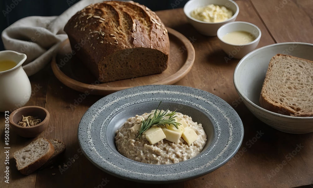 Rustic breakfast setup featuring oatmeal, bread, and butter on wooden table Rustic breakfast setup featuring oatmeal, bread, and butter on wooden table