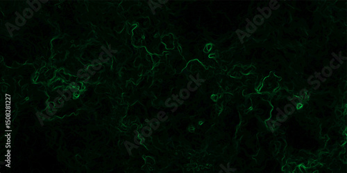 Abstract deep background with dark green smoke-like tendrils swirling over a near-black backdrop. Fluid, organic motion and resemble mist, vapor, or energy currents. Glowing plasma or nebula pattern.