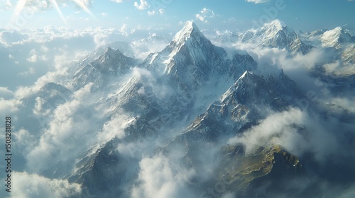 Snowy mountains rise above clouds under a bright blue sky.