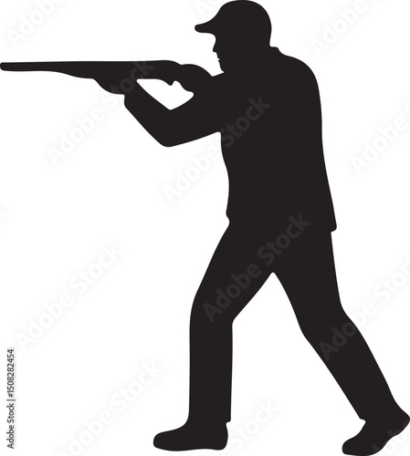 hunter aiming shotgun, black firearm icon, gunman silhouette graphic, hunting pose outline, man with weapon shape, shooting position black