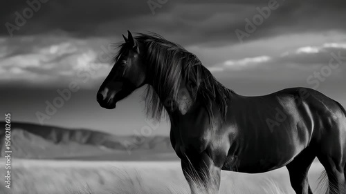 Wallpaper Mural Elegant black horse stands alert in a field with tall grass against a moody and dramatic monochromatic sky in a grayscale landscape. Torontodigital.ca
