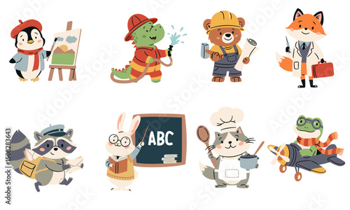 A set of flat vector illustrations in a simple children's style. Animals for teaching children professions. Penguin painter, bear builder, dinosaur fireman, rabbit teacher and raccoon letter carrier