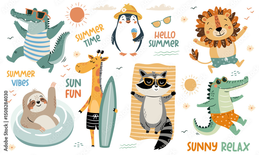 Naklejka premium A set of flat vector illustrations in a simple children's style. Cute animals on beach vacation in swimsuits. Crocodile lion penguin sloth raccoon and giraffe, lettering. Vector illustration