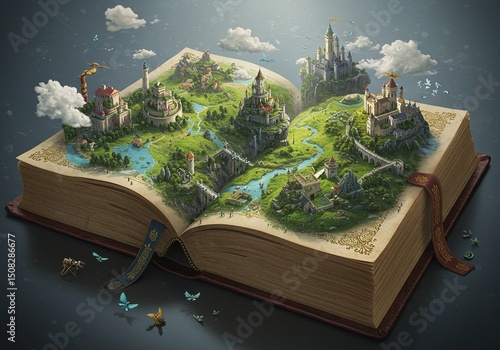 Fantasy landscape within an open book showcasing magical castles and rivers Generative AI