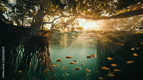 Underwater view of tree roots and fish with sunlight shining through water.