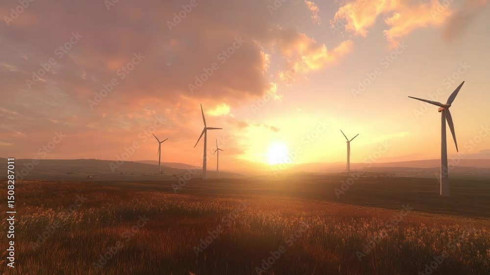 Wind turbines on a golden field at sunset Wind turbines on a golden field at sunset