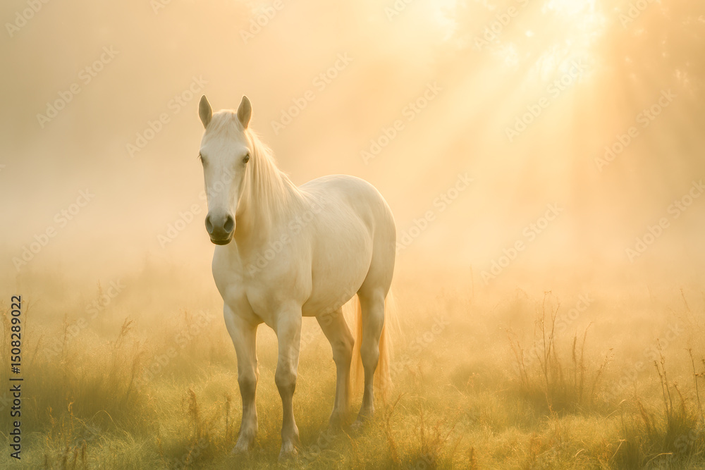 A mystical white horse standing gracefully in a foggy meadow bathed in golden sunrise light. Ethereal rays pierce through the morning mist, enveloping the horse in a dreamlike, tranquil atmosphere.
A mystical white horse standing gracefully in a foggy meadow bathed in golden sunrise light. Ethereal rays pierce through the morning mist, enveloping the horse in a dreamlike, tranquil atmosphere.