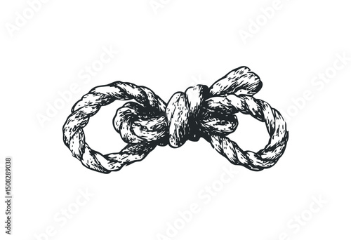 Intricate hand-drawn reef knot illustration in detailed black and white design. Vector retro hand drawn illustration