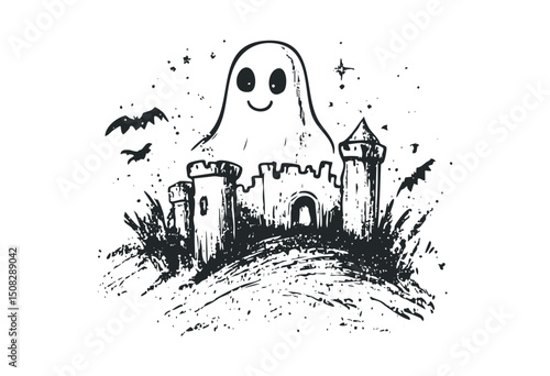 Ghostly figure hovering over spooky castle with bats in halloween scene. Vector retro hand drawn illustration