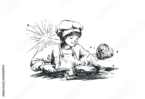 Young caucasian female baker kneading dough with passion in a whimsical illustration. Vector retro hand drawn illustration