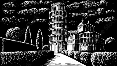 Leaning Tower of Pisa illustration black and white isolated hand drawn sketch