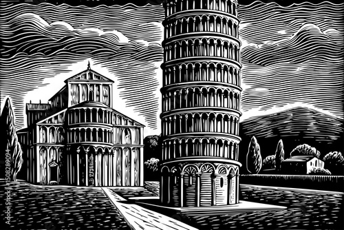Leaning Tower of Pisa illustration black and white isolated hand drawn sketch