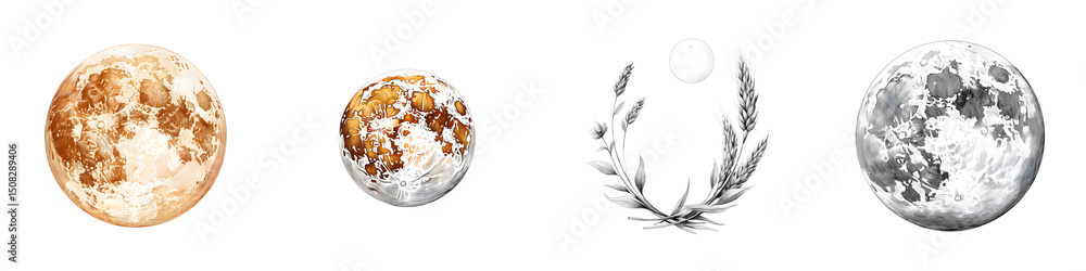 Celestial moon phases showcasing the intricate details and textures of each lunar stage, surrounded by elegant laurels, perfect for decorative and educational purposes. Celestial moon phases showcasing the intricate details and textures of each lunar stage, surrounded by elegant laurels, perfect for decorative and educational purposes.
