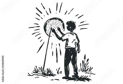 Young caucasian male interacting with sun drawing in minimalist line art. Vector retro hand drawn illustration