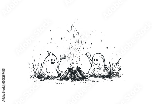 Cute cartoon ghosts roasting marshmallows by campfire. Vector retro hand drawn illustration