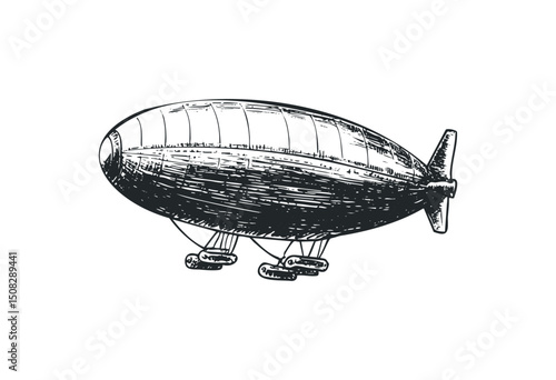 Vintage hand-drawn airship sketch with propeller and gondolas. Vector retro hand drawn illustration