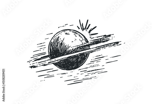 Artistic sketch of planet saturn with rings and stars in space. Vector retro hand drawn illustration