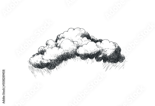 Detailed sketch of rain clouds with falling raindrops. Vector retro hand drawn illustration