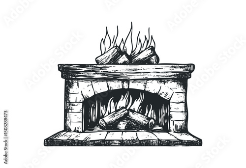 Vintage fireplace illustration with burning logs. Vector retro hand drawn illustration