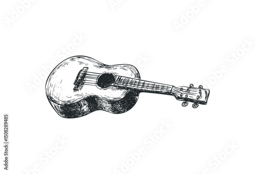 Detailed sketch of an acoustic guitar with intricate lines and craftsmanship. Vector retro hand drawn illustration