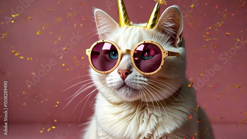 Funny white cat celebrating with happy birthday sunglasses on a pink background