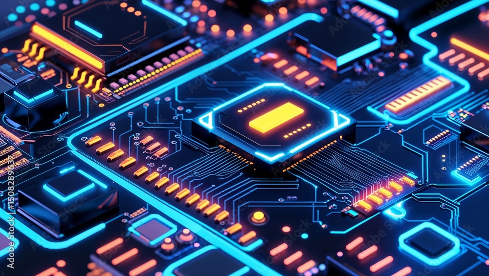 Vector Illustration of a Glowing Blue Circuit Board with Futuristic Technology and High-Tech Digital Connections Vector Illustration of a Glowing Blue Circuit Board with Futuristic Technology and High-Tech Digital Connections