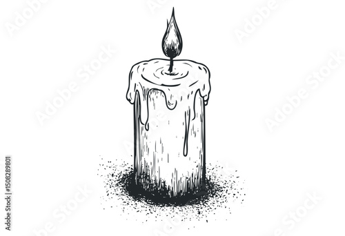 Hand-drawn melting candle with flame and wax drips. Vector retro hand drawn illustration