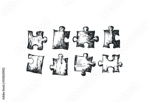 Vintage style jigsaw puzzle pieces illustration on white. Vector retro hand drawn illustration