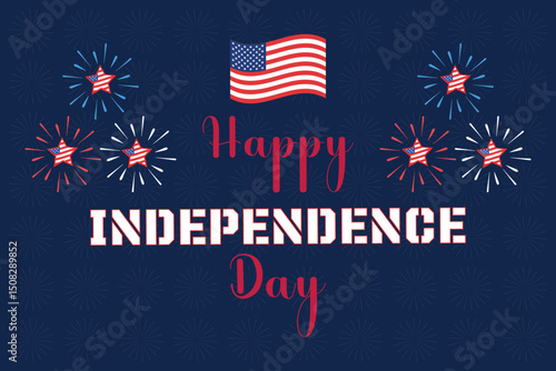 Happy Independence Day USA greeting with fireworks and American flag on dark blue background, patriotic 4th of July holiday celebration vector illustration