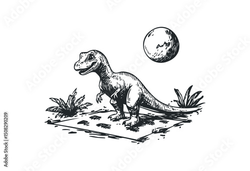 Hand-drawn dinosaur under moon. Vector retro hand drawn illustration