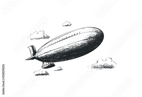 Vintage airship sketch with clouds in the sky. Vector retro hand drawn illustration