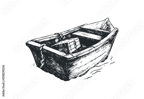 Rustic wooden rowboat illustration with waves. Vector retro hand drawn illustration