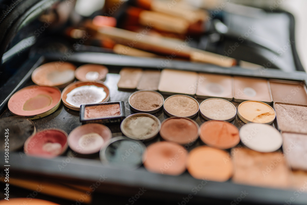Naklejka premium Close-up of a colorful, well-used makeup palette with various shades of powders, blushes, and eyeshadows arranged in a case..