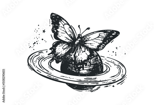 Butterfly on planet with rings: cosmic nature illustration. Vector retro hand drawn illustration