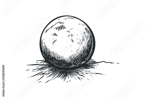 Detailed hand-drawn sketch of a textured spherical object on ground. Vector retro hand drawn illustration