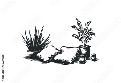 Hand-drawn plant arrangement with cushions and decorative pots. Vector retro hand drawn illustration