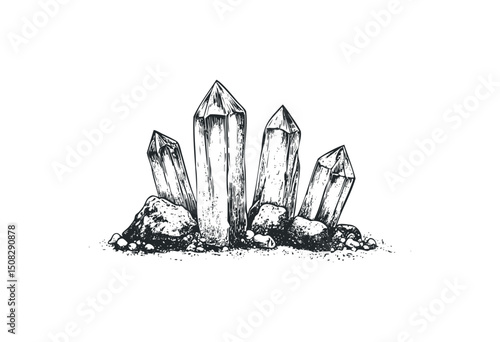 Detailed monochrome illustration of gemstones and minerals. Vector retro hand drawn illustration