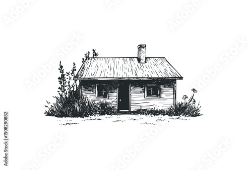 Rustic cottage illustration with vegetation and chimney. Vector retro hand drawn illustration
