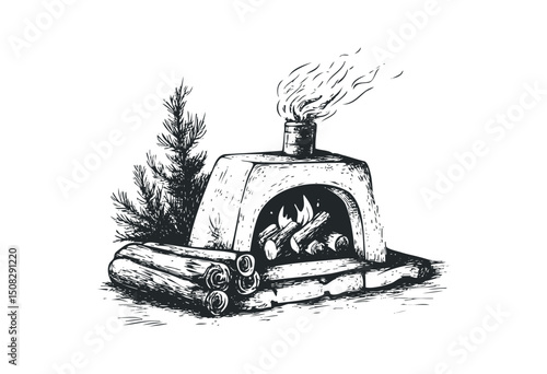 Rustic wood-fired oven with chimney and logs illustration. Vector retro hand drawn illustration