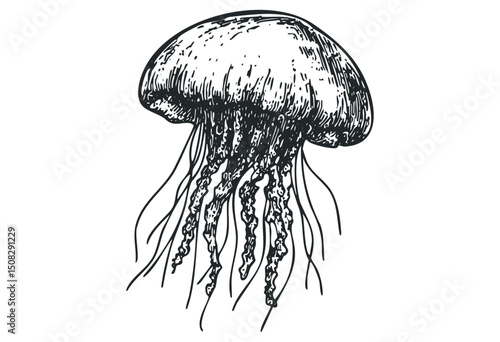 Detailed sketch of a jellyfish with flowing tentacles in black ink drawing. Vector retro hand drawn illustration
