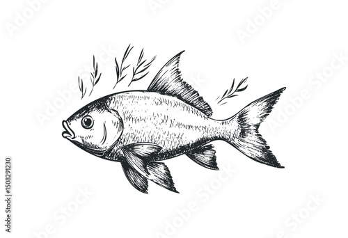 Detailed sketch of fish with fins and scales in vintage style. Vector retro hand drawn illustration