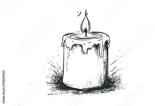 Detailed sketch of a dripping candle with melting wax. Vector retro hand drawn illustration