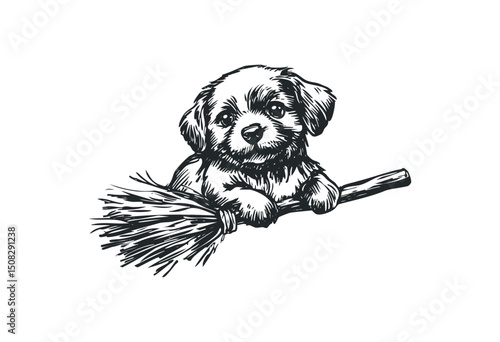 Adorable puppy riding a broomstick: cute black and white sketch art. Vector retro hand drawn illustration
