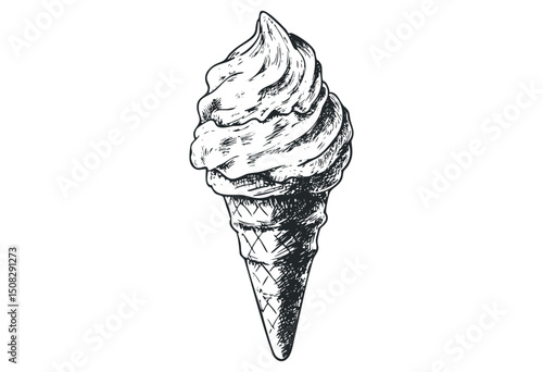 Vintage hand-drawn ice cream cone sketch with swirls and waffle texture. Vector retro hand drawn illustration