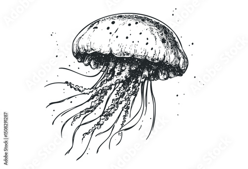 Detailed ink drawing of a jellyfish with long tentacles. Vector retro hand drawn illustration