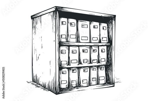 Wooden bookshelf with organized folders in sketched line art style. Vector retro hand drawn illustration