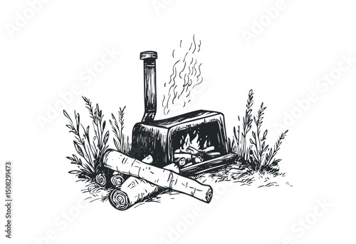 Vintage wood stove with firewood and plants illustration. Vector retro hand drawn illustration