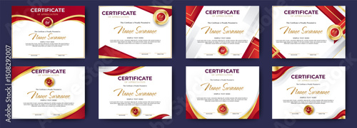 Certificates of achievement template with red shapes background and luxury badge. Eight choice of certificates For award, business, and education needs. Diploma vector template