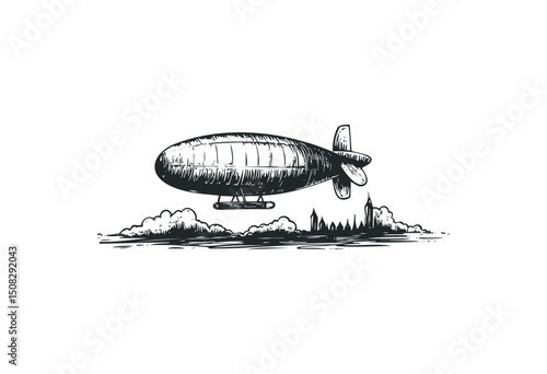 Hand-drawn vintage airship blimp illustration above cityscape. Vector retro hand drawn illustration