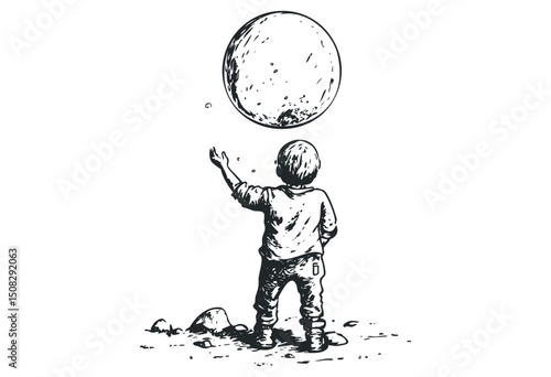 Child reaching for the moon illustration in monochrome. Vector retro hand drawn illustration